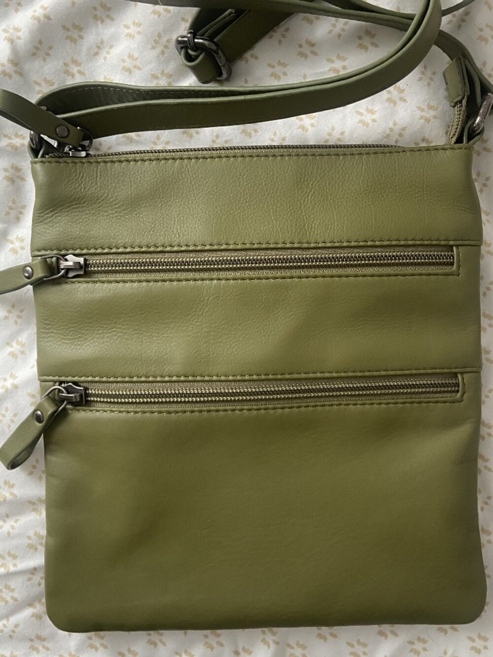Cross-body genuine leather purse, w/ front & back pockets - Moss green